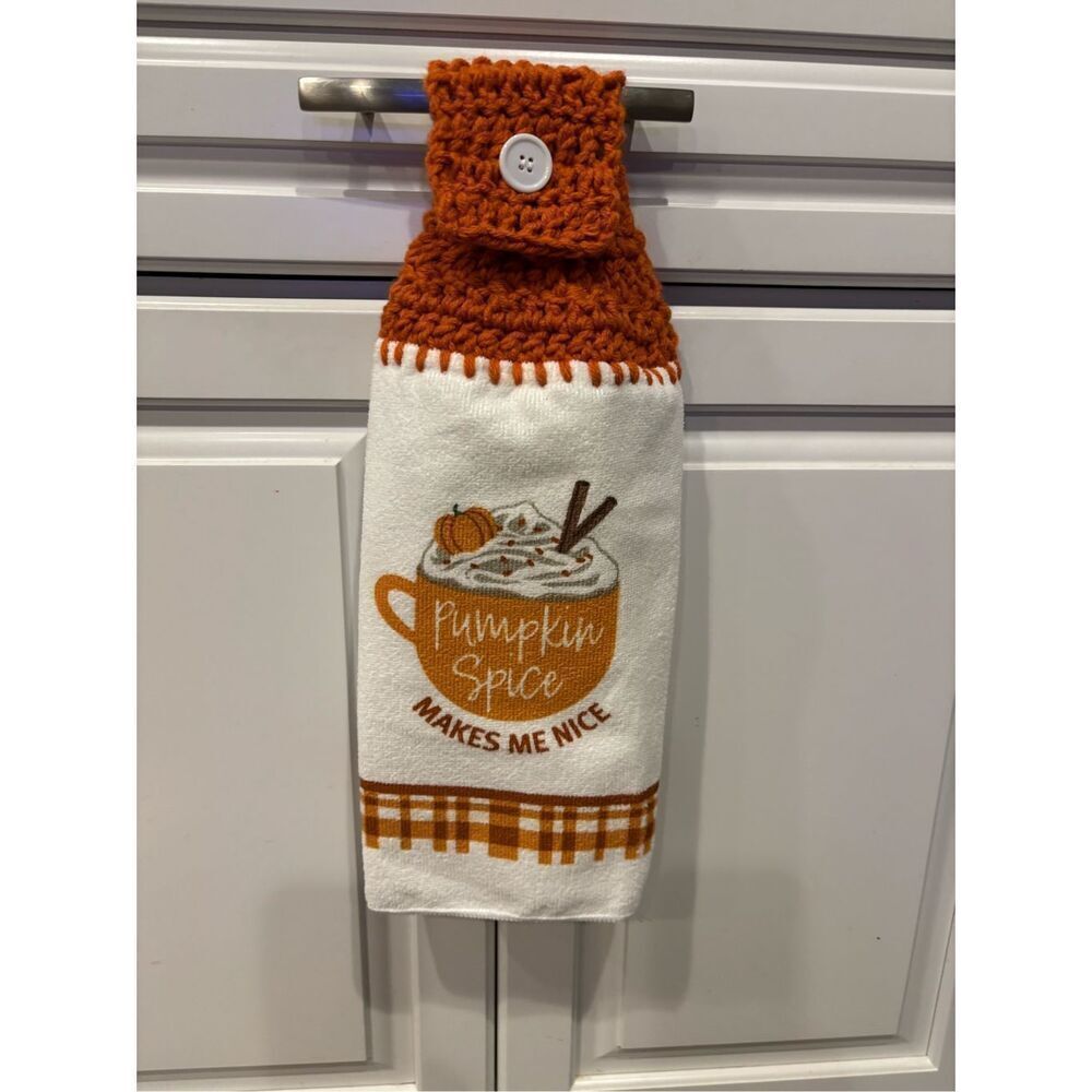 Crochet Top Kitchen Towel-Pumpkin spice makes me nice